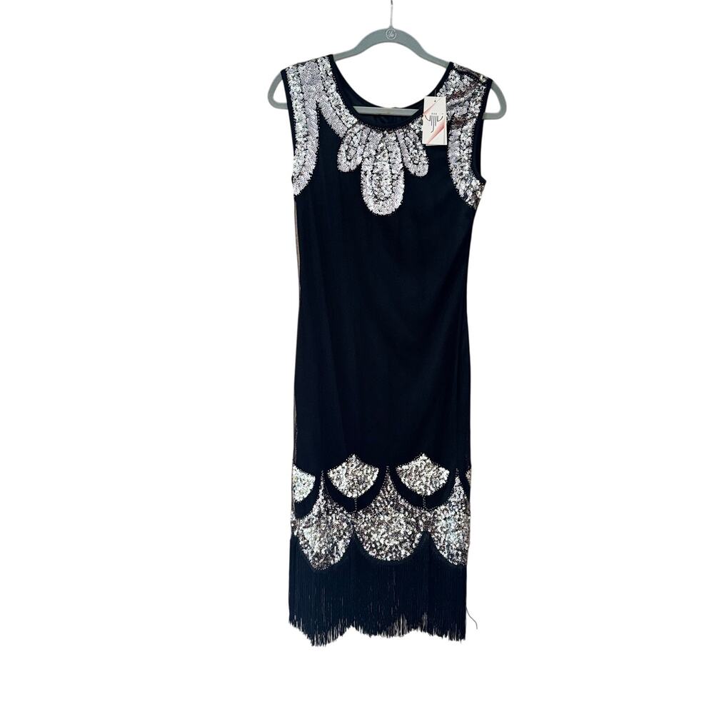 NWT Black Sequin Fringe Flapper Art Deco Gatsby Party Dress See Measurements